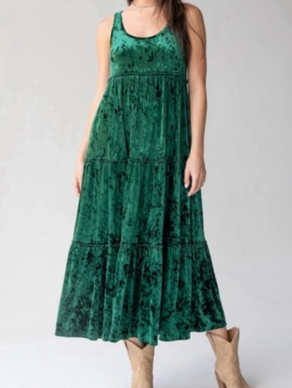 Natural Life Women’s Emerald Green Velvet Tiered Maxi Dress - Picture 2 of 4